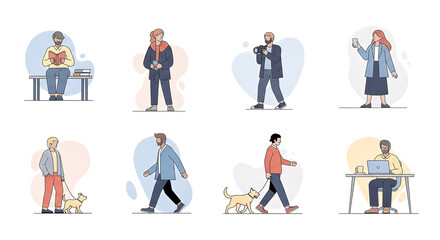 Illustration of diverse people engaging in daily activities with pets in a modern urban setting from a flat design viewpoint