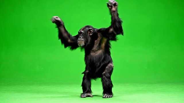 Chimpanzee standing on hind legs with arms outstretched on green screen