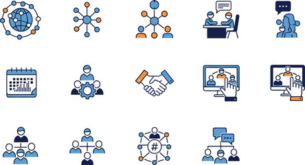 teamwork collaboration icon set, business network connection, people management communication, partnership meeting, leadership organization, corporate community social interaction vector illustration