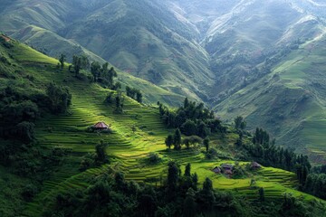 Lush terraced rice paddies showcase vibrant green landscapes in the mountainous region, reflecting the beauty of agriculture and nature during daylight hours