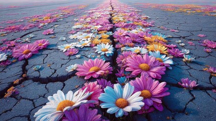 Flowers blooming from a cracked road