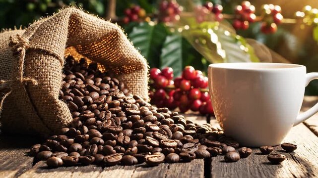 Coffee beans spilling from a burlap sack onto a wooden table next to a cup