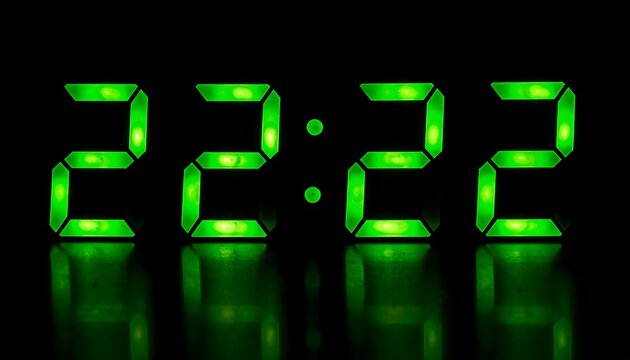 A close-up shot of a digital clock displaying 2222 in bright green on a black background. A reflection is present below