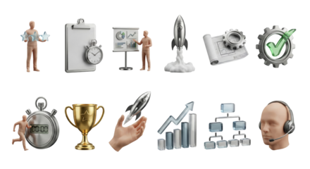 Business success, strategy, startup, and achievement icons collage