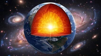 Conceptual Earth's core and mantle cross-section illustration, displaying deep internal structure within a cosmic galaxy, representing planetary geology and scientific study