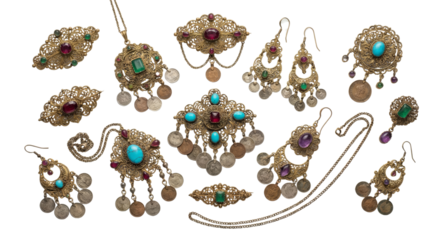 Collection of antique oriental jewelry with gemstones and coins