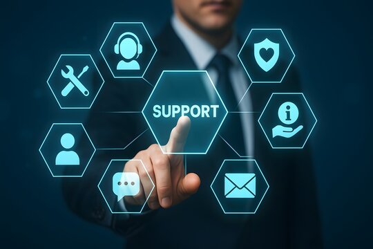Businessman pressing digital support button with communication service icons