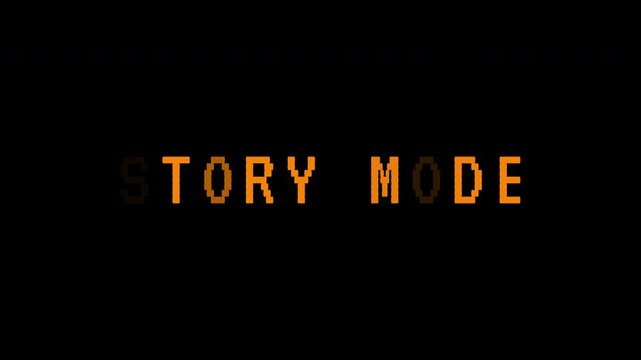 Pixelated 'Story Mode' text with blinking effect for retro video game interface. Classic Arcade Game in 4k text animated video quality.