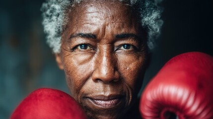 Determined senior woman with boxing gloves stares intensely at the camera.