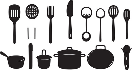 Vector illustration of a set of kitchen utensils including a fork spoon and knife silverware icons for a restaurant menu or cooking symbol
