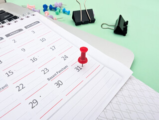 30th date marked with push pin on monthly calendar 2026 for business events, schedule, appointment,...