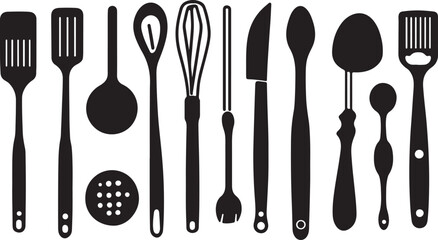 Vector illustration of a set of kitchen utensils including a fork, spoon, and knife silhouette design for a restaurant menu icon or dinner table silverware equipment