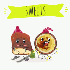 Fototapeta premium Funny Characters Turkish kazandibi, syutlach, milk rice pudding, dessert, Eastern sweets. Hand drawn vector illustration.