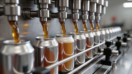Automated beer canning line with stainless steel nozzles filling aluminum cans with cold foamy beer, showing hygienic, efficient beer production and modern brewery technology