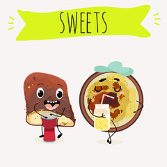 Fototapeta premium Funny Characters Turkish kazandibi, syutlach, milk rice pudding, dessert, Eastern sweets. Hand drawn vector illustration.