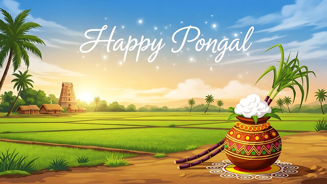 Happy Pongal festival landscape with green paddy fields and traditional pot