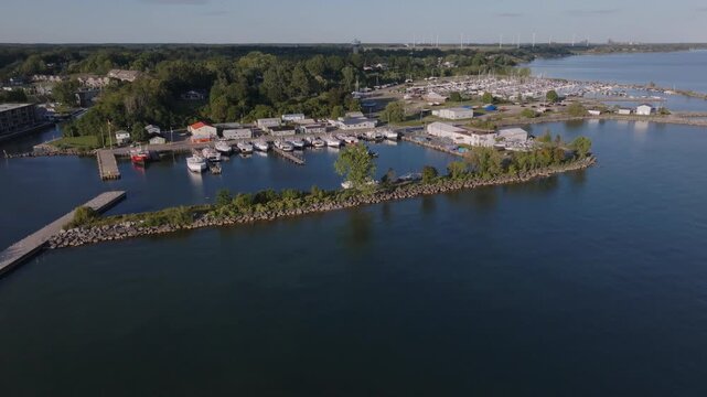 Drone shot of Port Dover harbor on Lake Erie, Ontario, peaceful day