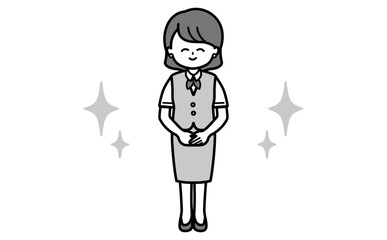 笑顔で丁寧に案内するシンプルな女性社員の全身イラスト 受付・接客・説明・資料用の白黒素材