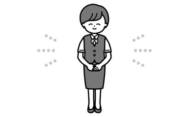 笑顔で案内するシンプルなショートヘアーの女性社員 全身イラスト 受付・接客・説明・資料用の白黒素材