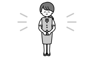 笑顔で丁寧に案内するシンプルな女性社員の全身イラスト 受付・接客・説明・資料用の白黒素材