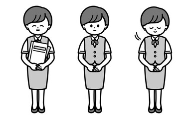 シンプルな事務の女性の白黒イラストセット 受付や事務の丁寧なお辞儀ポーズの挿絵