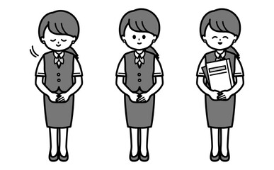 シンプルな女性スタッフの白黒イラストセット お辞儀と笑顔と書類を運ぶ