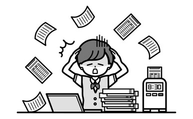 紙での勤怠管理の仕事が大変で忙しいショートヘアーの女性職員の白黒イラスト