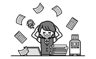アナログな仕事が大変で忙しい事務の女性スタッフの白黒イラスト かわいいシンプルな挿絵