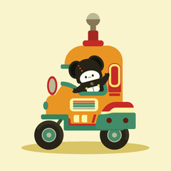 Cute Cartoon Character Driving a Colorful Yellow and Green Toy Vehicle Illustration