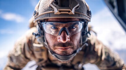 Close-up of a determined soldier in combat gear, staring intensely at the camera.