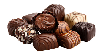 Delicious variety of chocolate confectionery pralines assortment on background