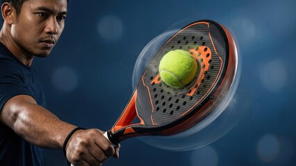 Close-up of a professional paddle tennis racket hitting a bright yellow ball in a dynamic sports action