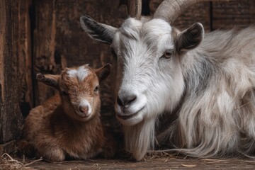 Fototapeta premium Mother goat rests with her playful baby brown goats in a cozy barn, enjoying the warmth and safety of their wooden shelter in the afternoon light