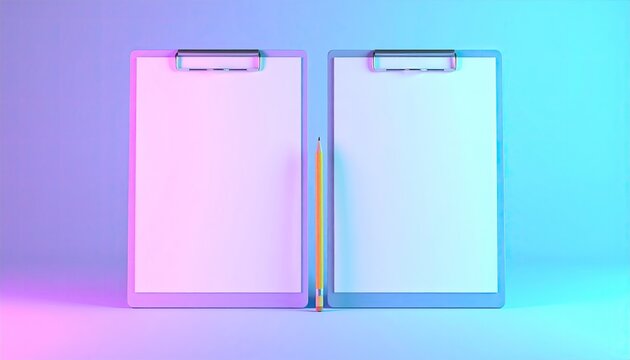 Two clipboards and a pencil on a gradient background, neon lighting