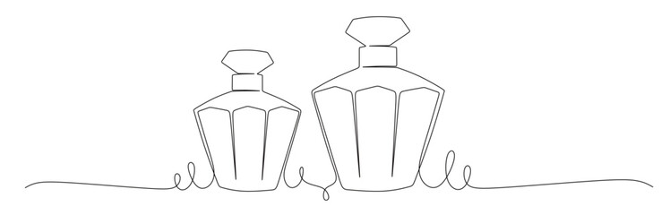 Continuous line art of a luxury perfume bottle with varying curved lines. This icon is for a perfume shop sticker or banner. Vector illustration.