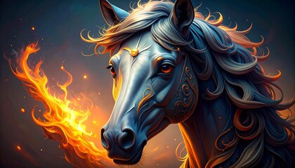 Blue horse with golden mane breathing fire against dark background