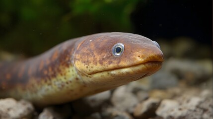Obraz premium Close up portrait of a mottled brown aquatic eel with striking blue eyes
