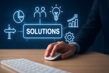 Manager clicking business solutions button with analytics and idea icons
