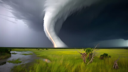 Spectacular tornado with rainbow colored bands and dramatic sky