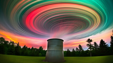 Tornado forms over a rainbow-colored horizon