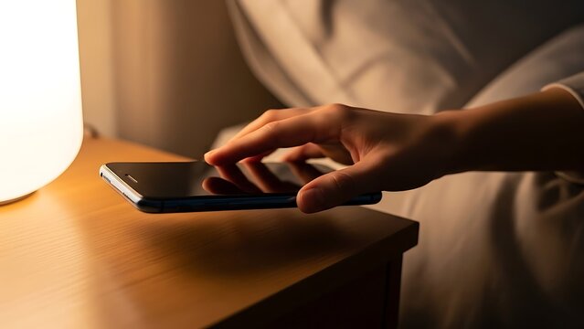 Closeup of a hand reaching for a smartphone on a bedside table in a dimly lit room.