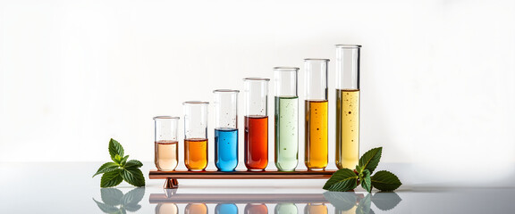Colorful test tubes with liquids on wooden rack showcasing chemistry  