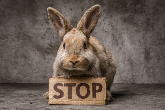 Rabbit displays stop sign advocating against animal testing in a minimalist setting promoting animal rights activism