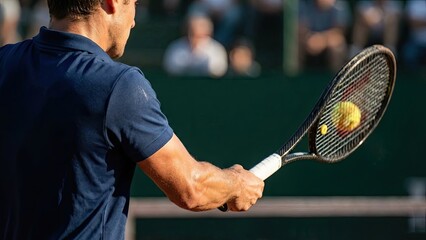 Muscular tennis player in action with racket preparing to hit the ball on outdoor court