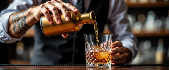 Bartender pouring whiskey into glass with ice in a bar setting for International Bartender Day  