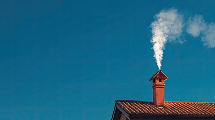 White smoke rises from the chimney concept. Charming chimney releasing smoke against a clear blue sky.