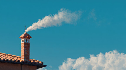 White smoke rises from the chimney concept. Chimney emitting smoke against a clear blue sky.