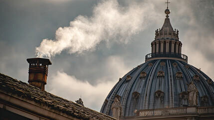 White smoke rises from the chimney concept. Majestic dome and chimney releasing smoke against a cloudy sky.