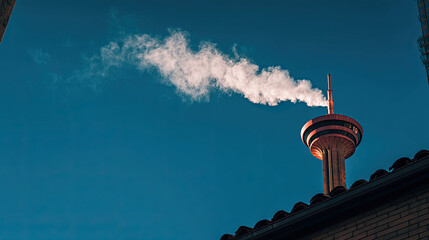 White smoke rises from the chimney concept. Smokestack releasing steam against a clear blue sky.