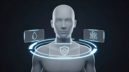 Futuristic digital human figure with holographic health symbols, showcasing advanced technology and medical concepts, representing innovation in healthcare and wellness solutions